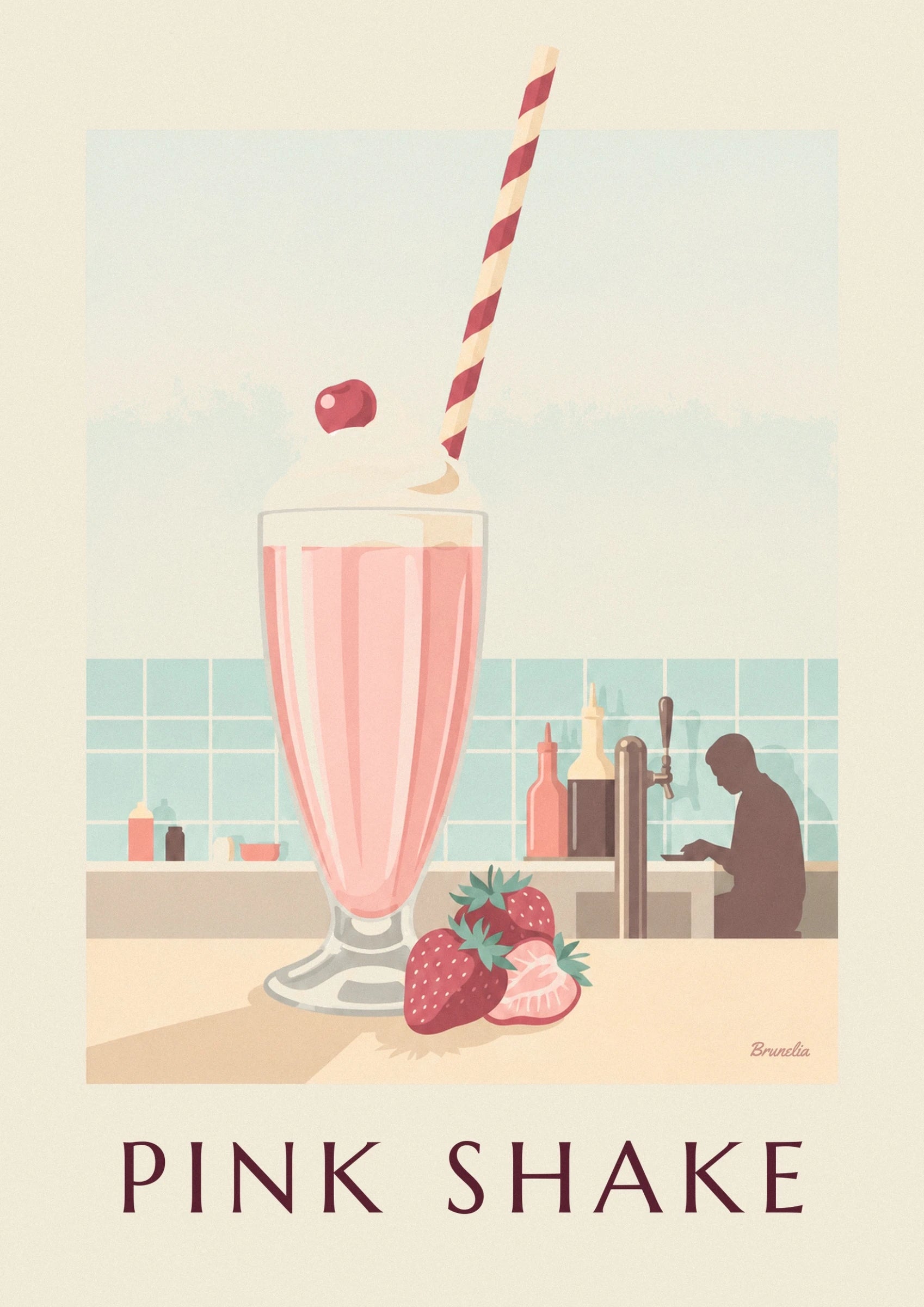A pink milkshake in a tall flared glass beside the strawberries on the counter