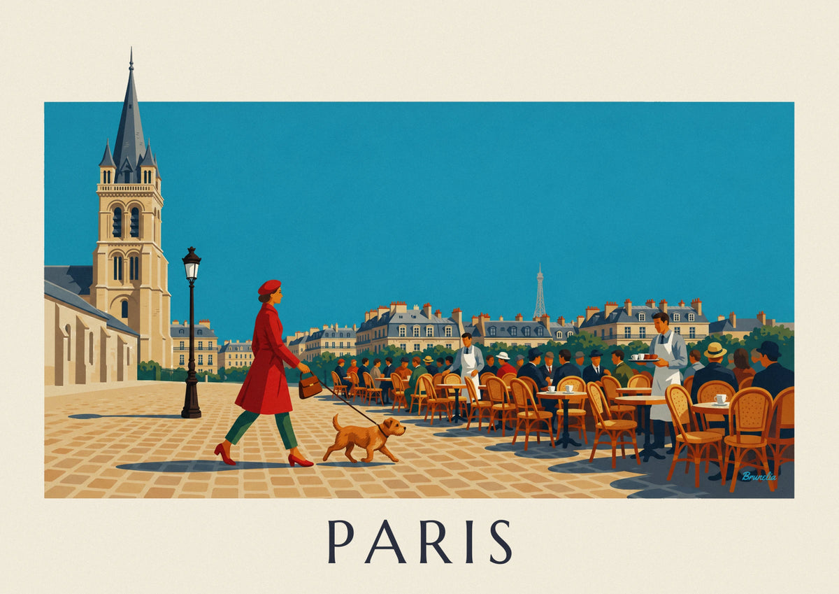 Affiche femme et son chien place Saint-Germain-des-Prés à Paris