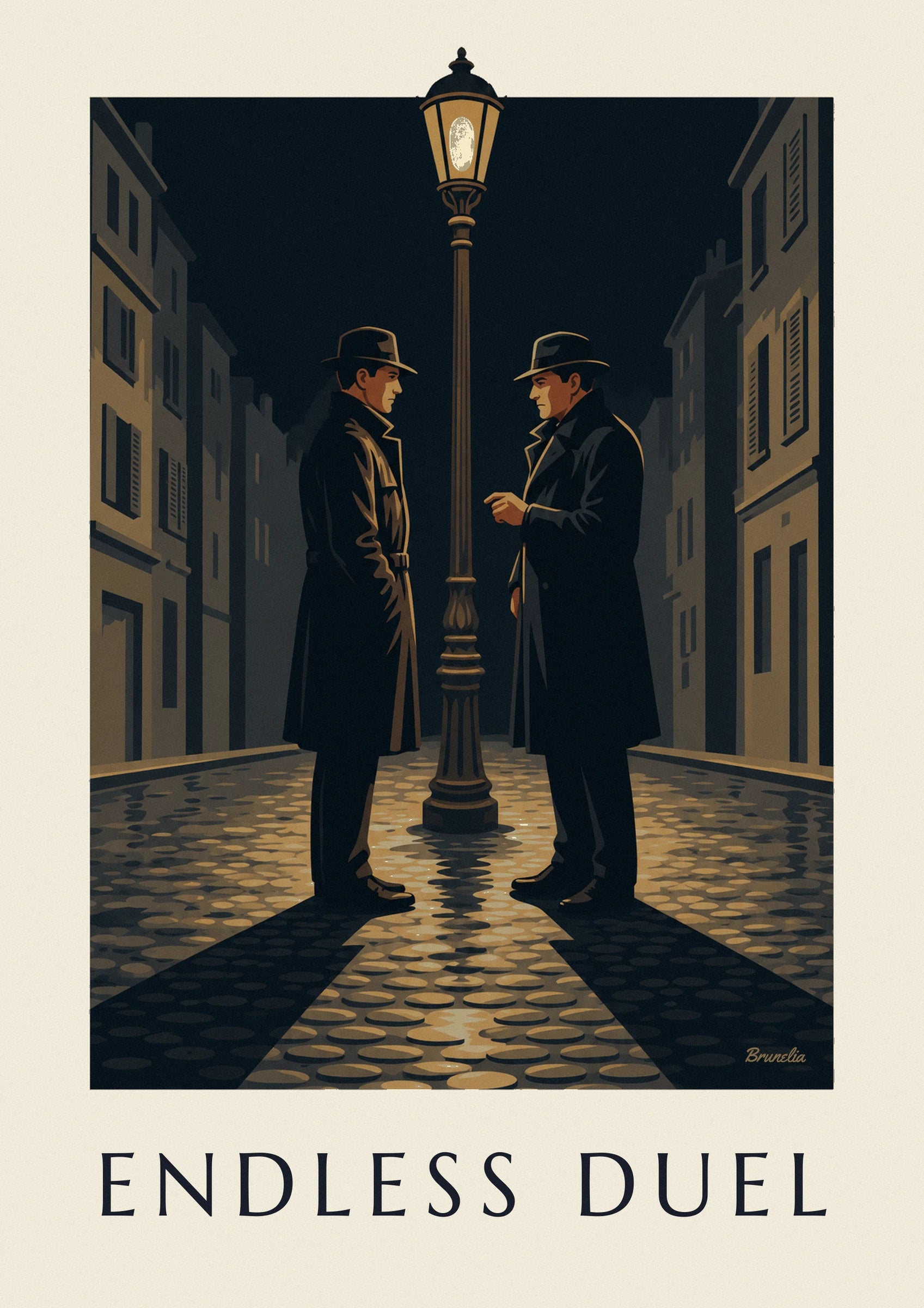 Affiche duel de film noir sous un réverbère, nuit de pluie : détail en gros plan