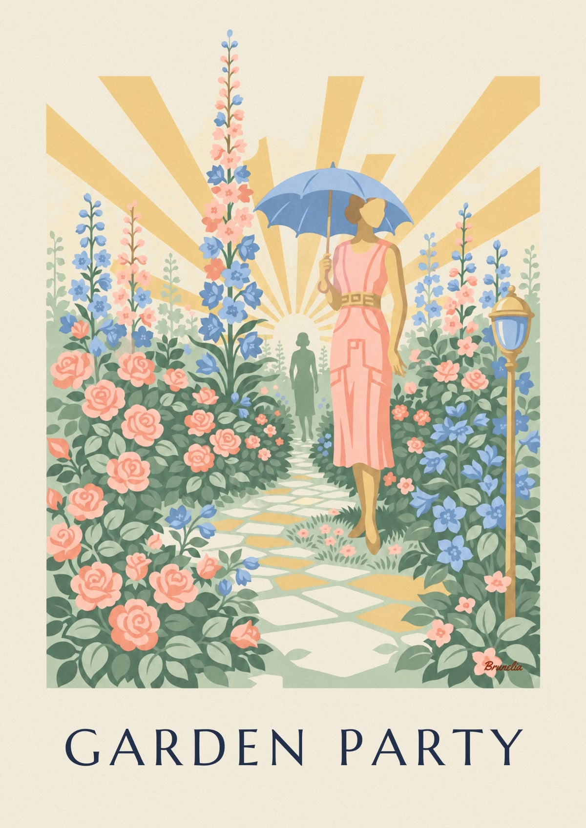 Poster Frau mit Sonnenschirm im Garten mit Rosen und Rittersporn