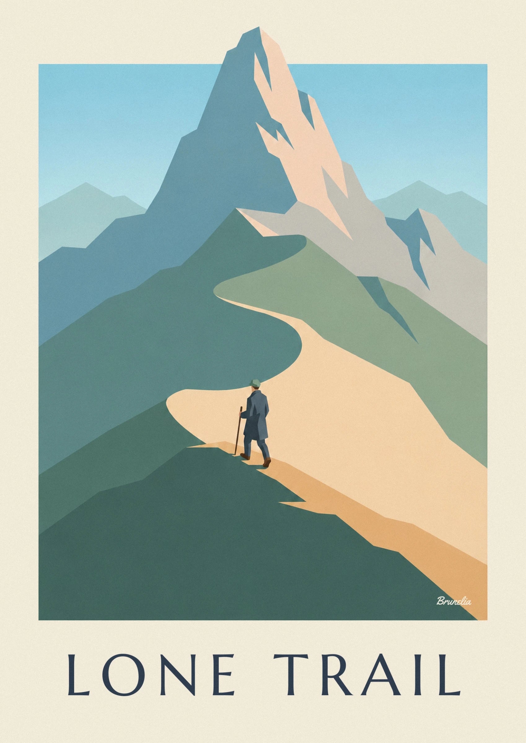 Le randonneur de dos, en manteau bleu et casquette verte, son bâton à la main