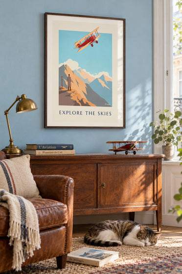 Explore the Skies biplane poster above the mountains: framed on the wall
