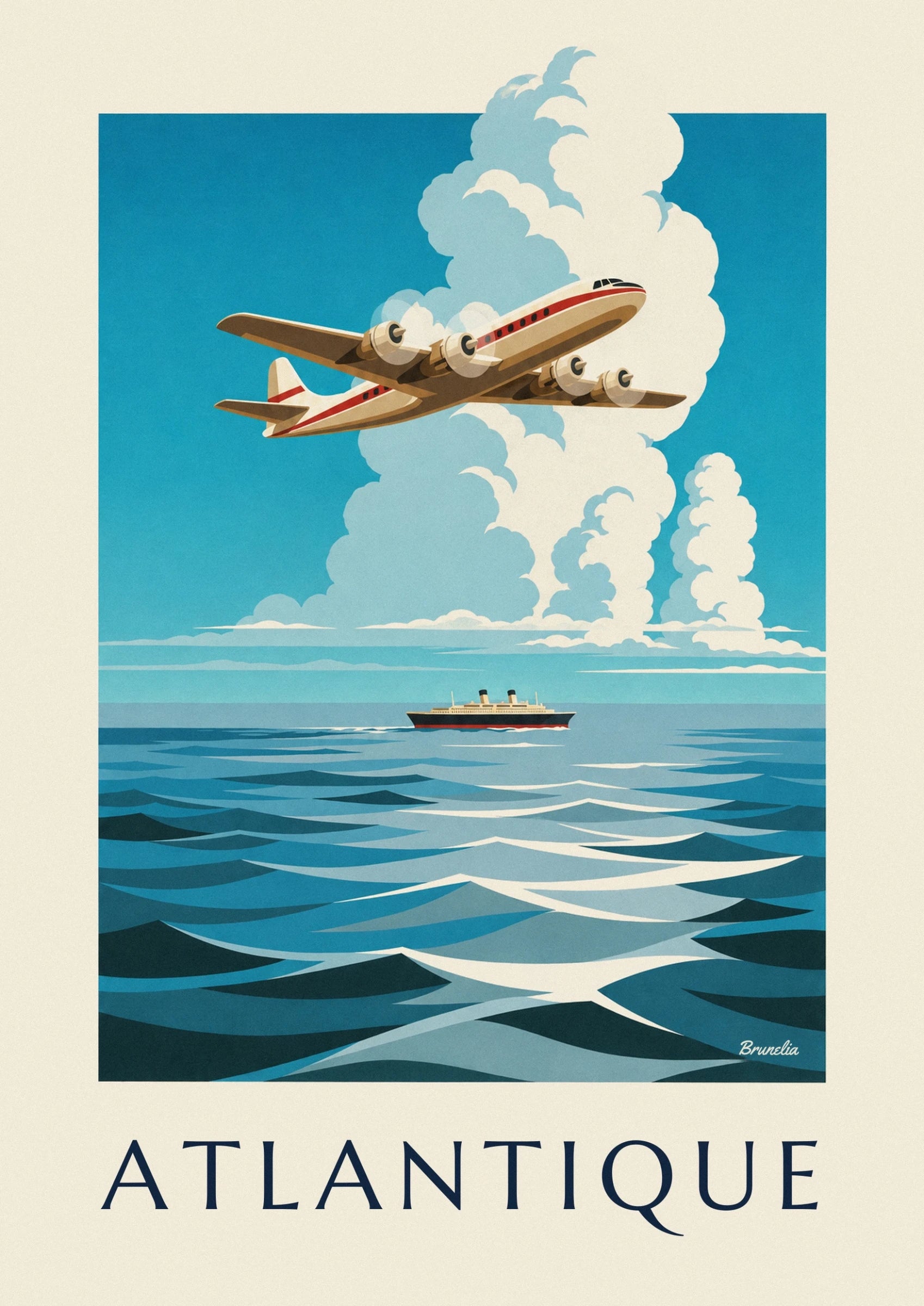 Das viermotorige Flugzeug mit rotem Streifen über einem Ozeandampfer auf dem Atlantik