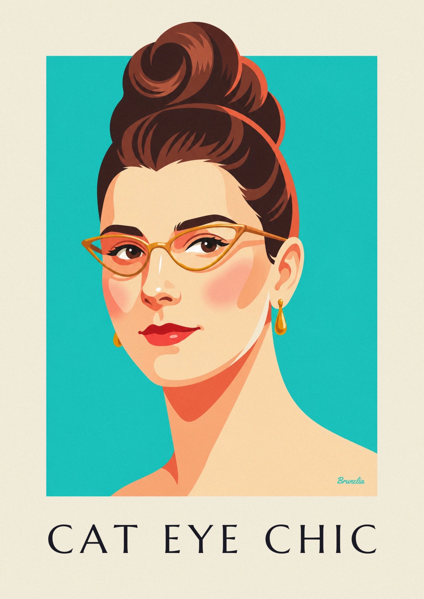 Poster Porträt einer Frau mit Katzenaugenbrille und roten Lippen: Detail in Nahaufnahme