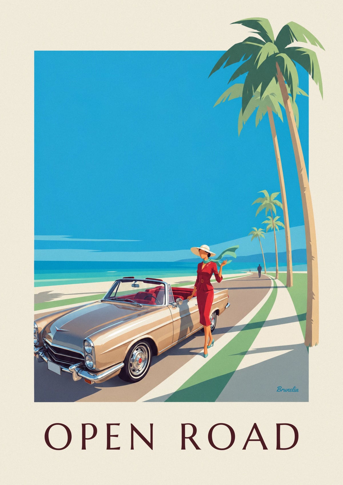 Affiche femme élégante et voiture décapotable en bord de mer