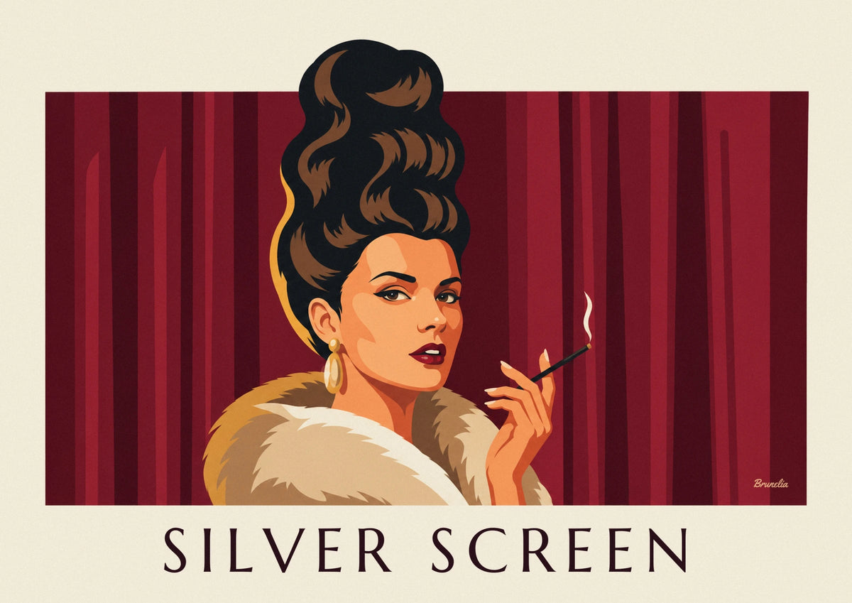 Glamorous femme fatale portrait with velvet curtain poster