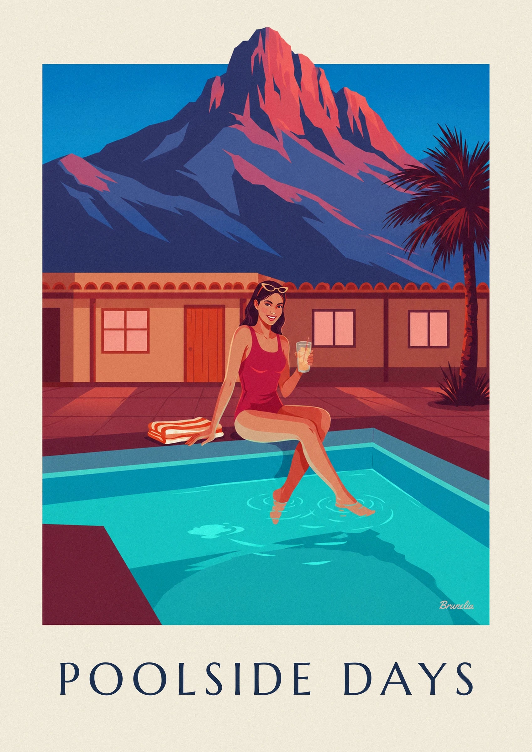 A woman in a red swimsuit, glass in hand and feet in the turquoise pool water