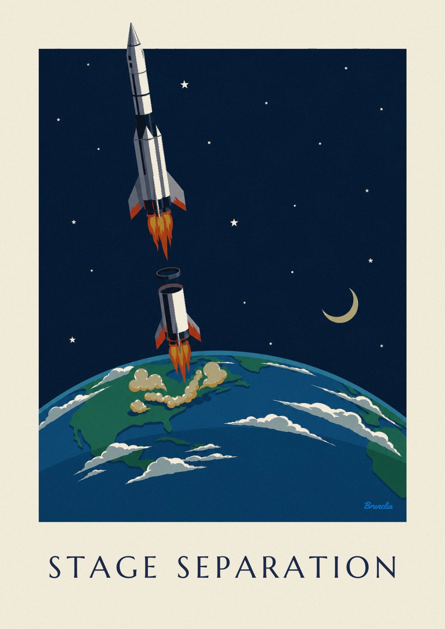 Die weiße Rakete mit grauen und roten Flossen, angetrieben von langen orangefarbenen Flammen