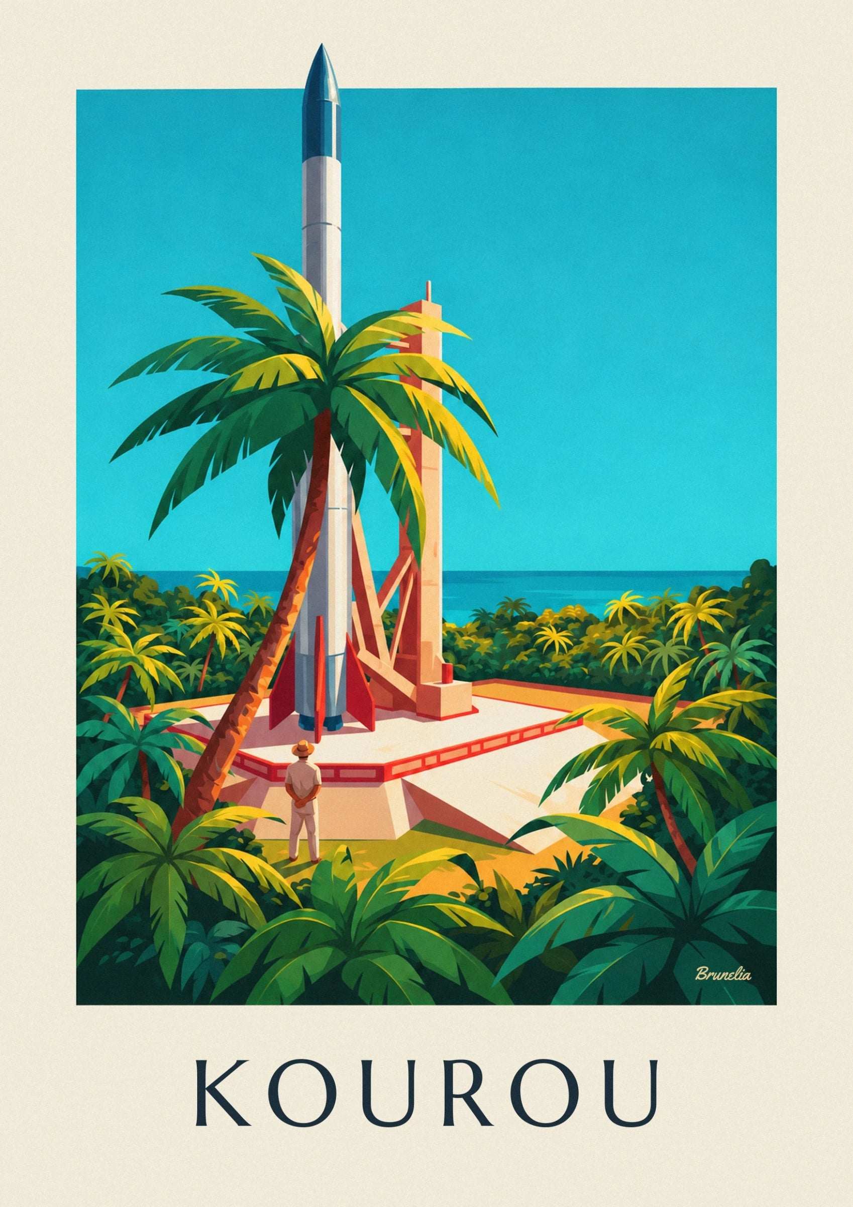 Die Rakete und ihr Startturm hinter grünen und gelben Palmwedeln, mit Blick aufs Meer