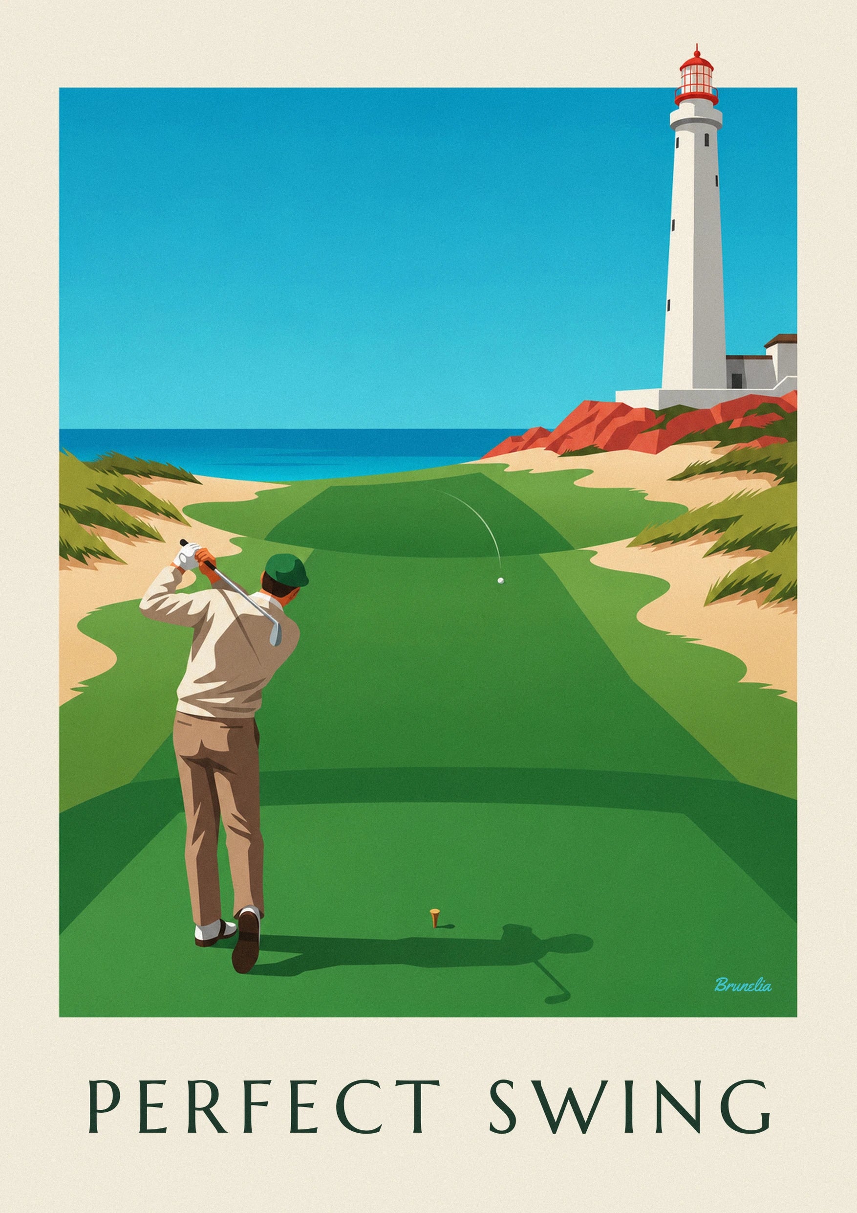 Poster Golfer mitten im Schwung auf einem Links-Platz an der Klippe: Detail in Nahaufnahme