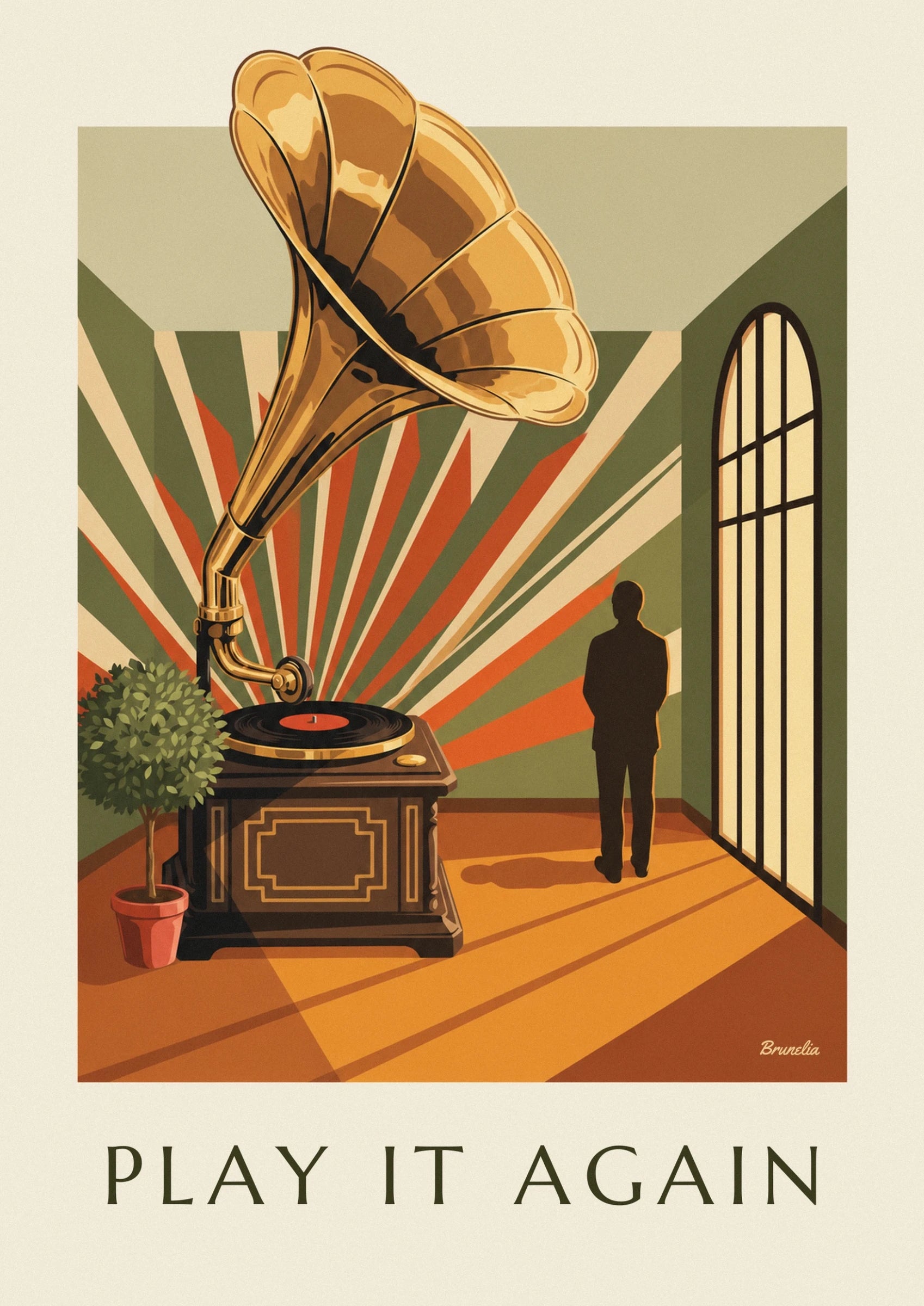 Der goldene Grammophontrichter und seine Rundungen vor einem Hintergrund aus geometrischen Mustern