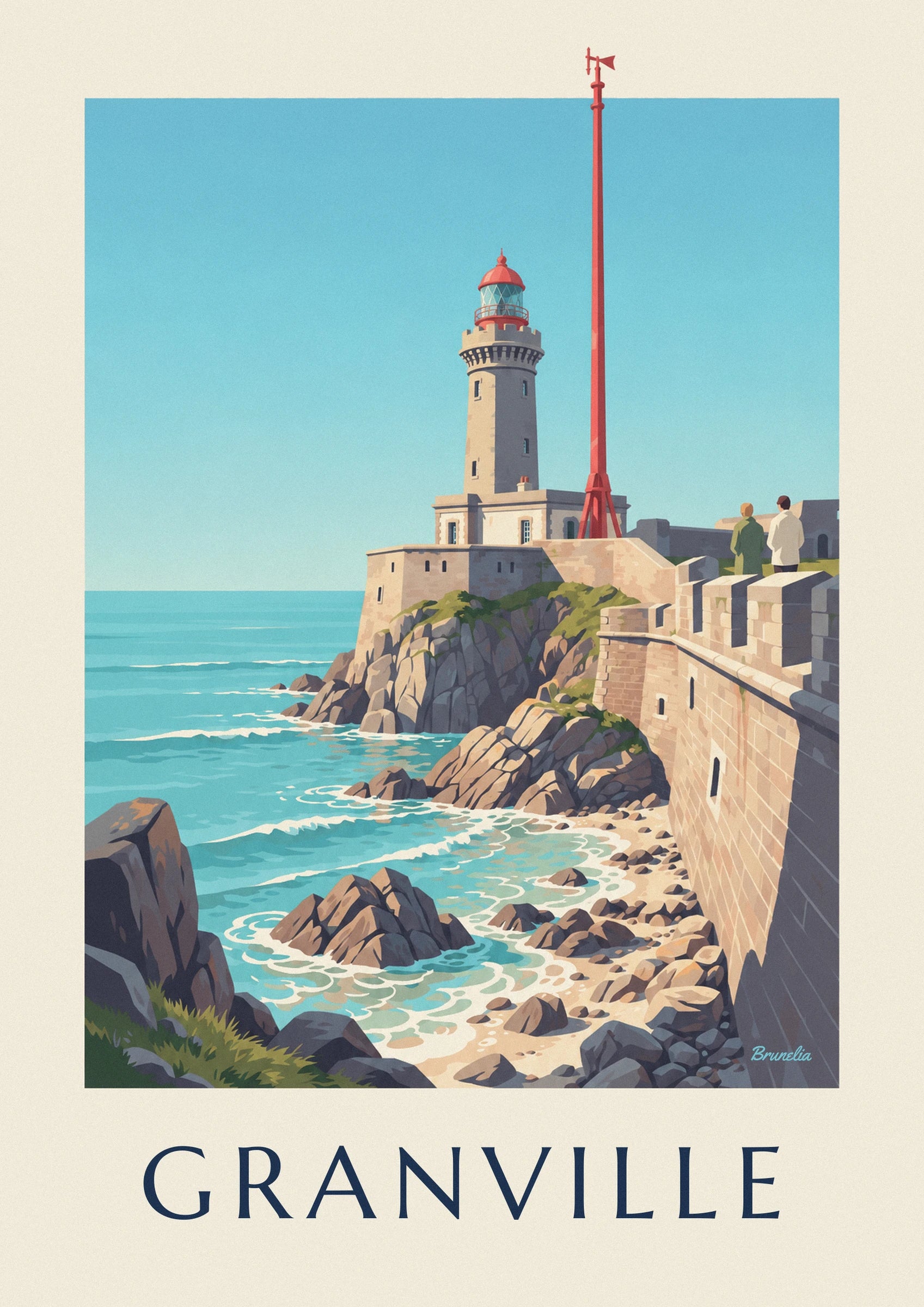 Granville white lighthouse with red lantern on the rocks poster: close-up detail