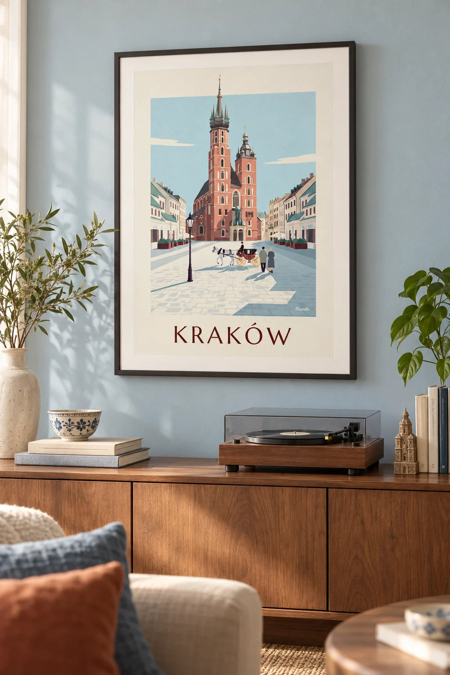 Poster Marienkirche und Kutsche auf dem Krakauer Marktplatz: gerahmt an der Wand