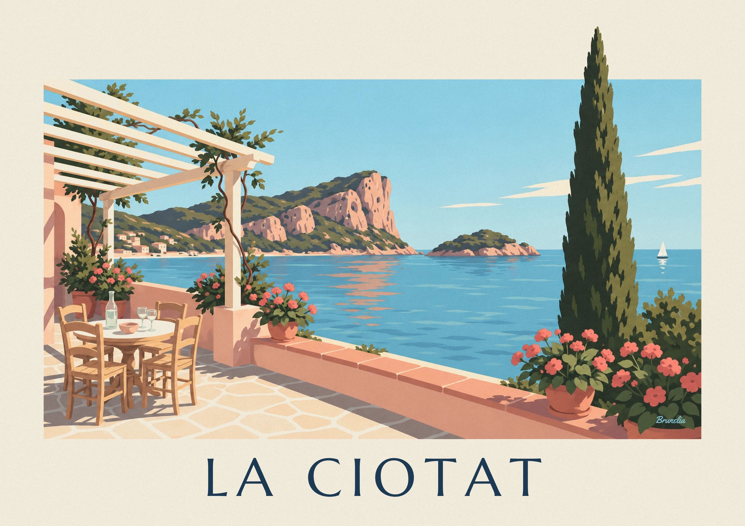 Affiche terrasse méditerranéenne et Bec de l'Aigle à La Ciotat : détail en gros plan
