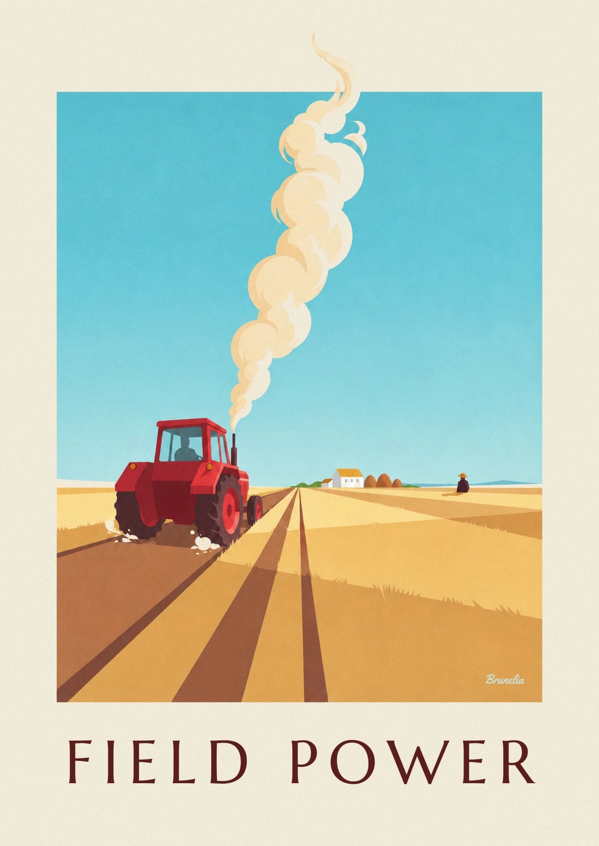 Poster roter Traktor pflügt ein goldenes Feld