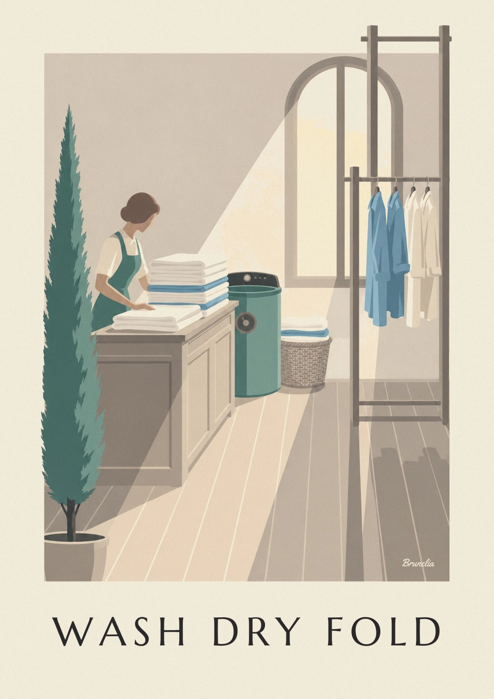 The laundry woman in a green apron folding a pile of white and blue linen on the wooden counter