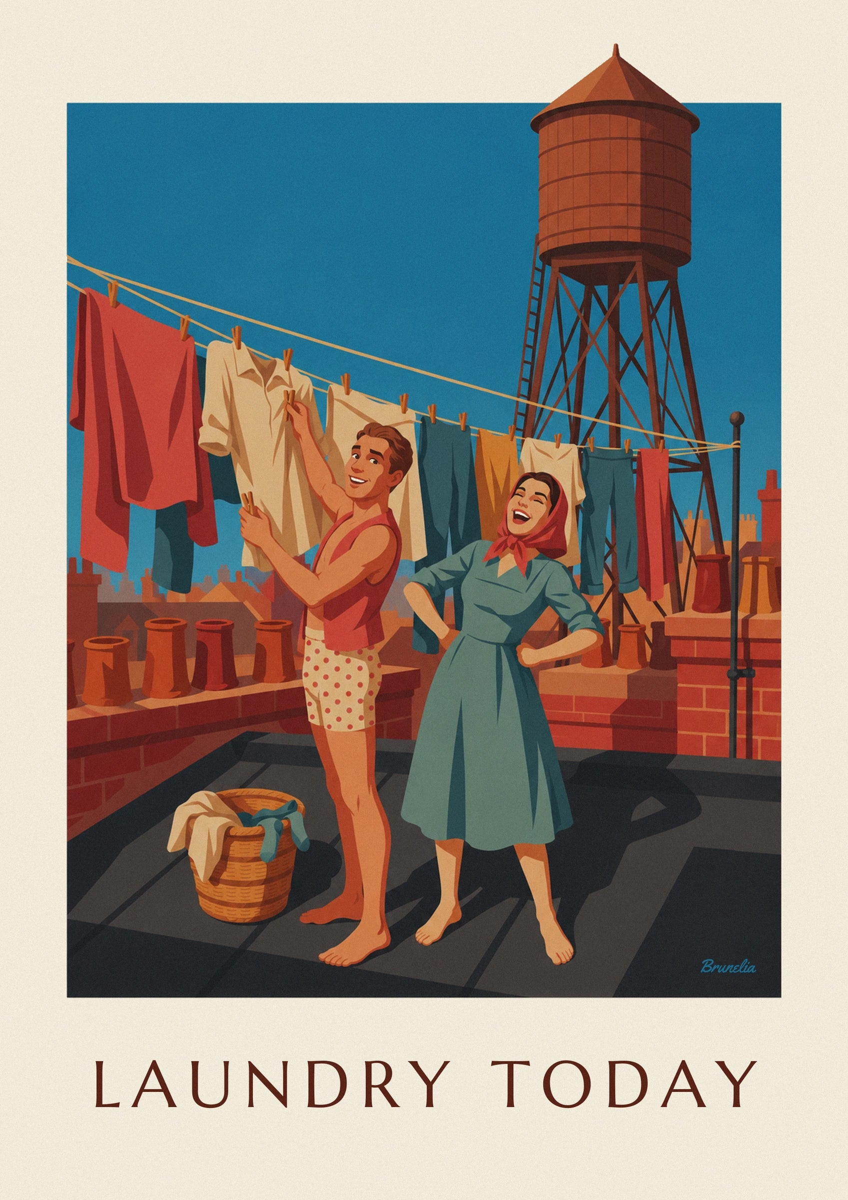 The barefoot couple beside the hanging laundry and wicker basket on the brick rooftop