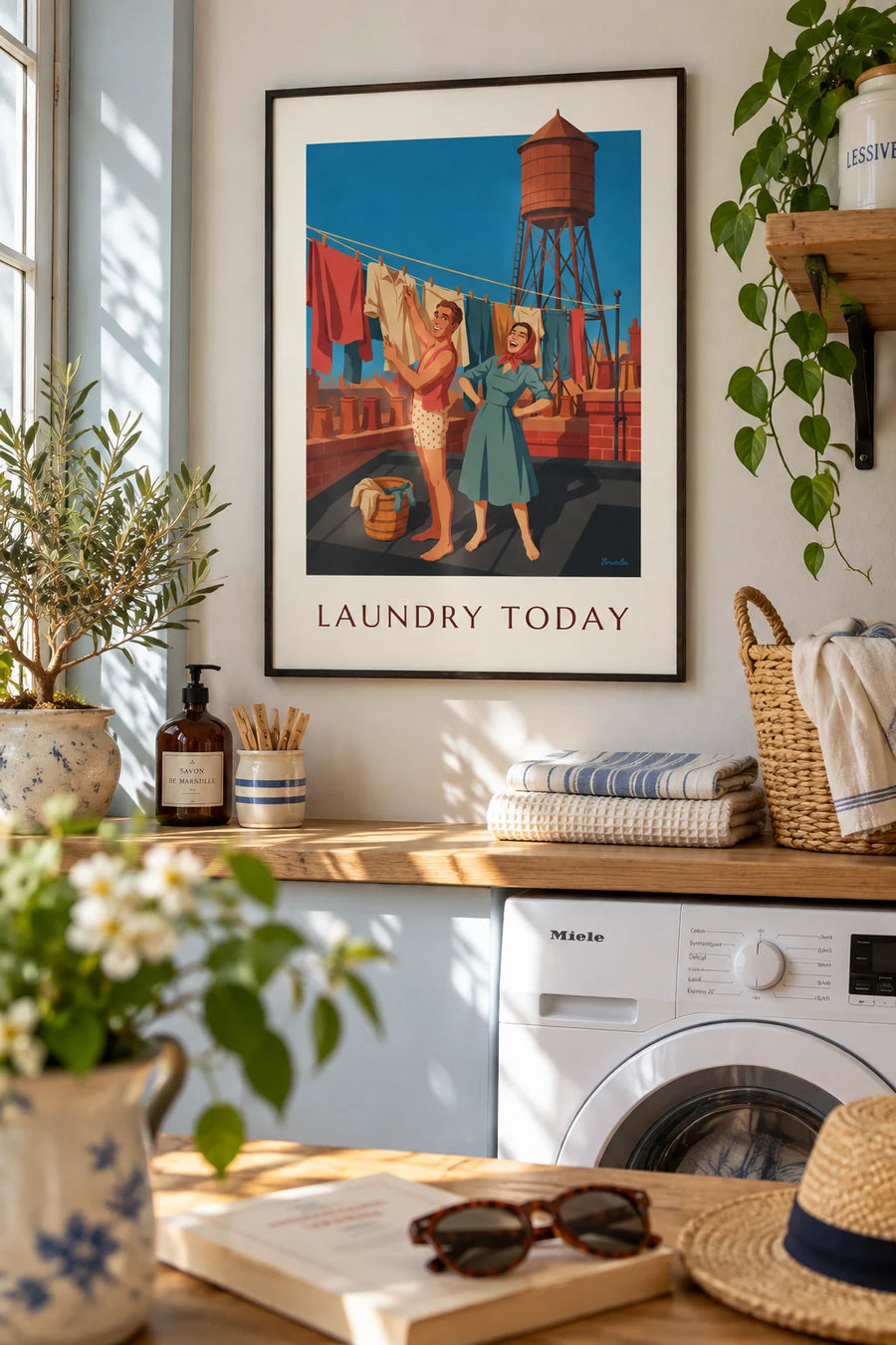 Sailor doing laundry on the deck of a sailboat poster: framed on the wall