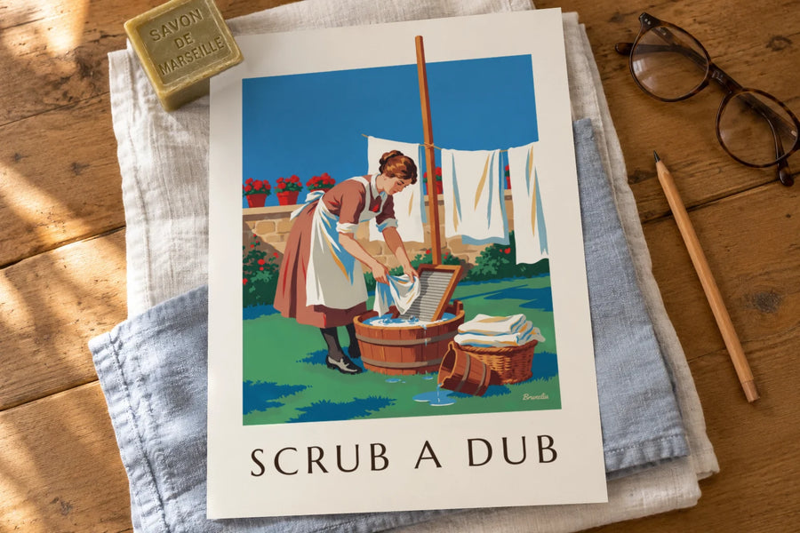 Poster Frau und Waschbrett in einem sonnigen Hof: auf einem Tisch