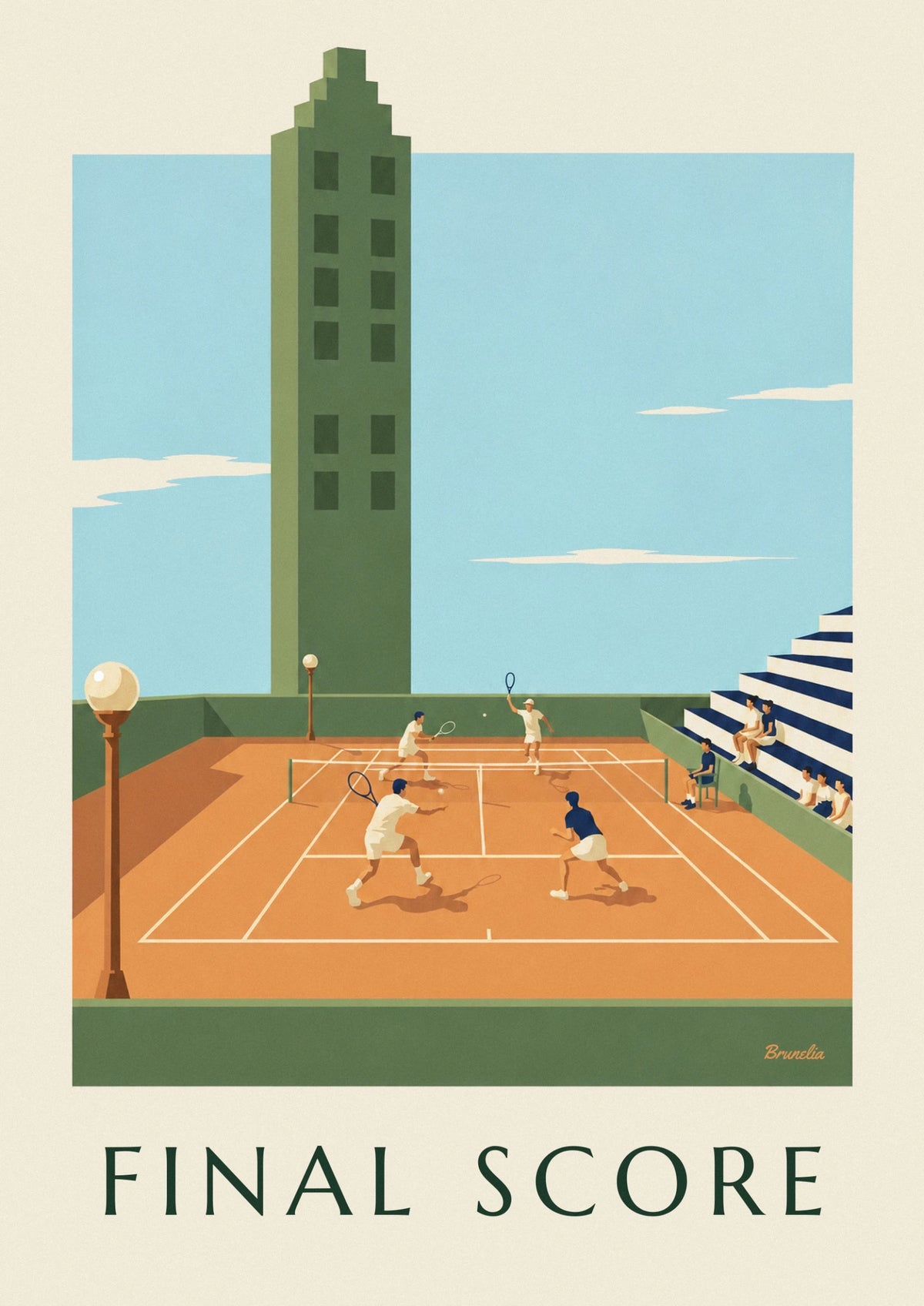 Affiche partie de tennis en double sur un court en terre battue