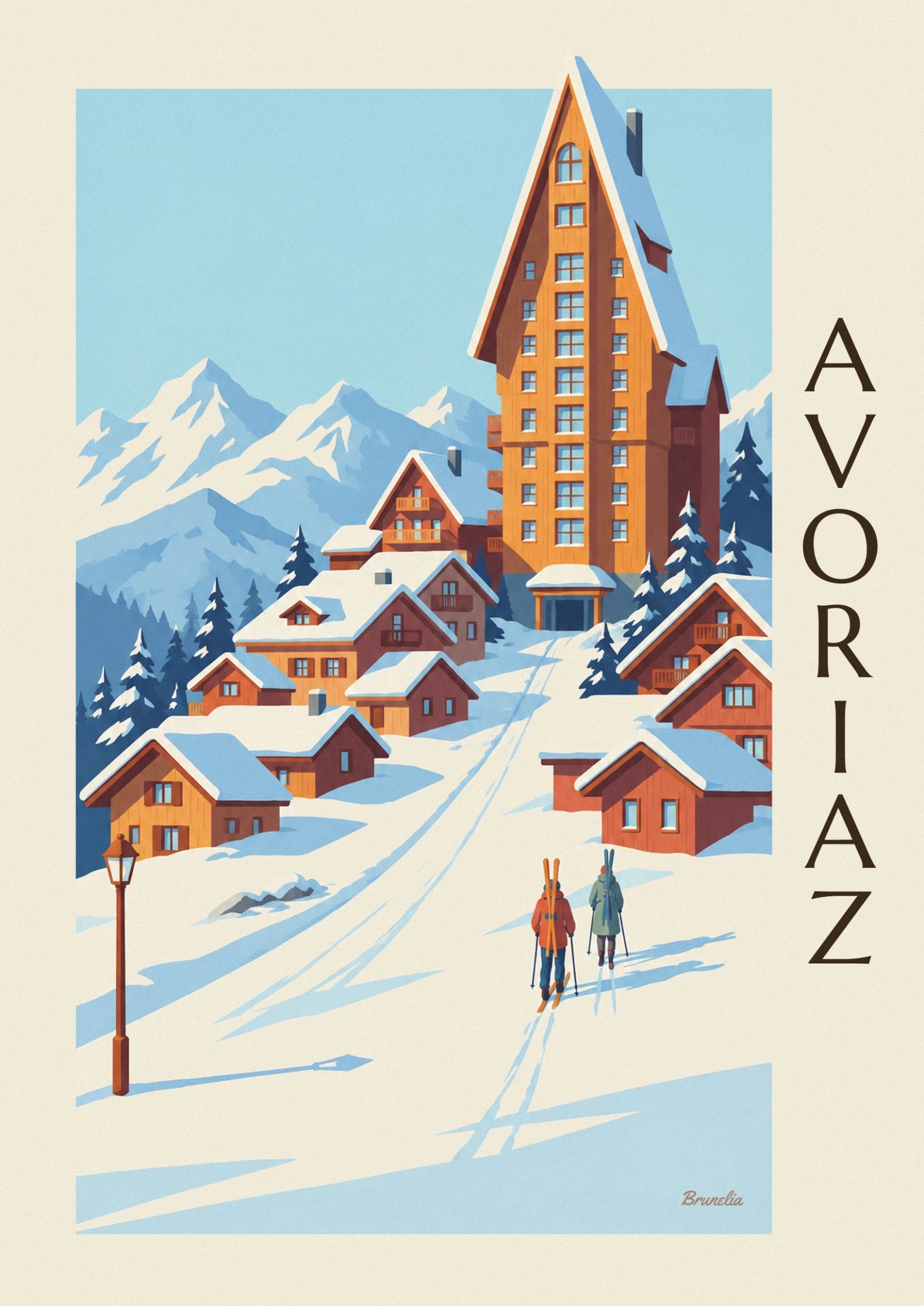 Die hohe orangefarbene Holzfassade mit verschneitem Dach zwischen den Chalets von Avoriaz
