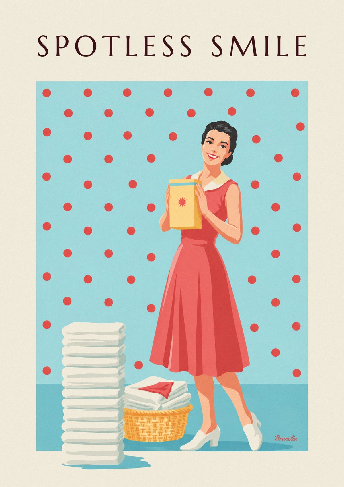 Affiche lessive, femme souriante et fond à pois