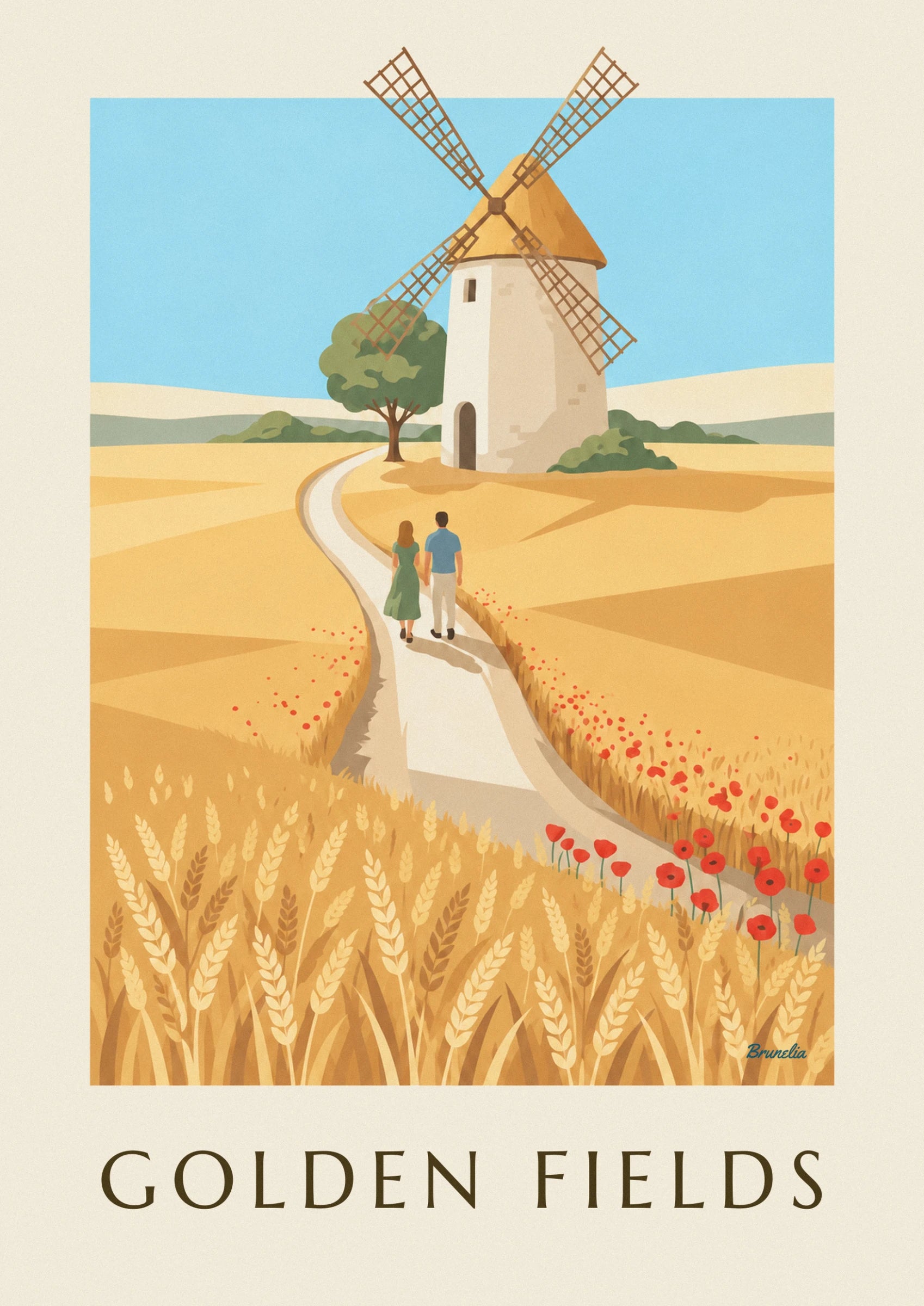 Die weiße Windmühle mit Strohdach, ihr Olivenbaum und 2 Spaziergänger auf dem Weg