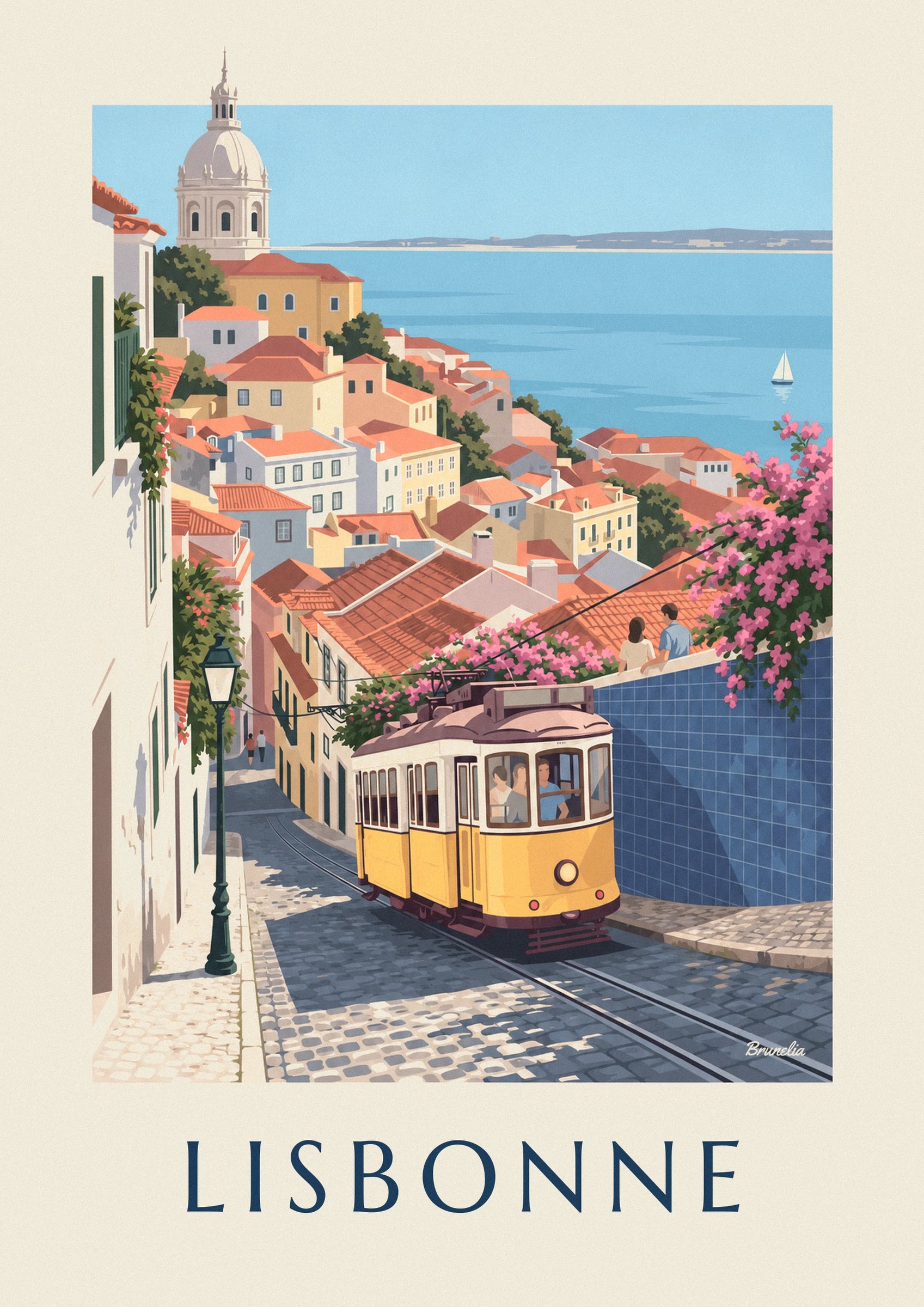Die gelbe Straßenbahn, die die Kopfsteinpflasterstraße hinauffährt, unter rosa Bougainvilleen und der blauen Azulejo-Wand