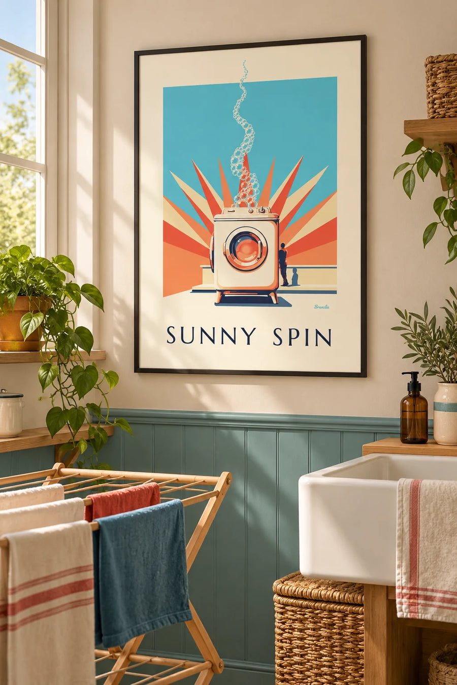Affiche machine à laver à hublot et rayons de soleil pastel : encadrée au mur
