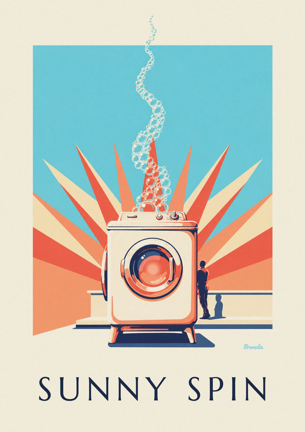 Poster Bullauge-Waschmaschine mit pastellfarbenen Sonnenstrahlen