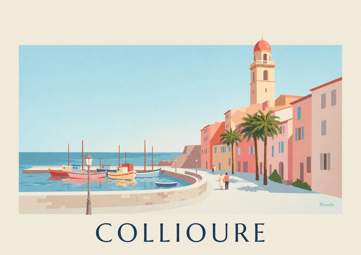 Poster Hafen von Collioure, bunte Boote und Glockenturm