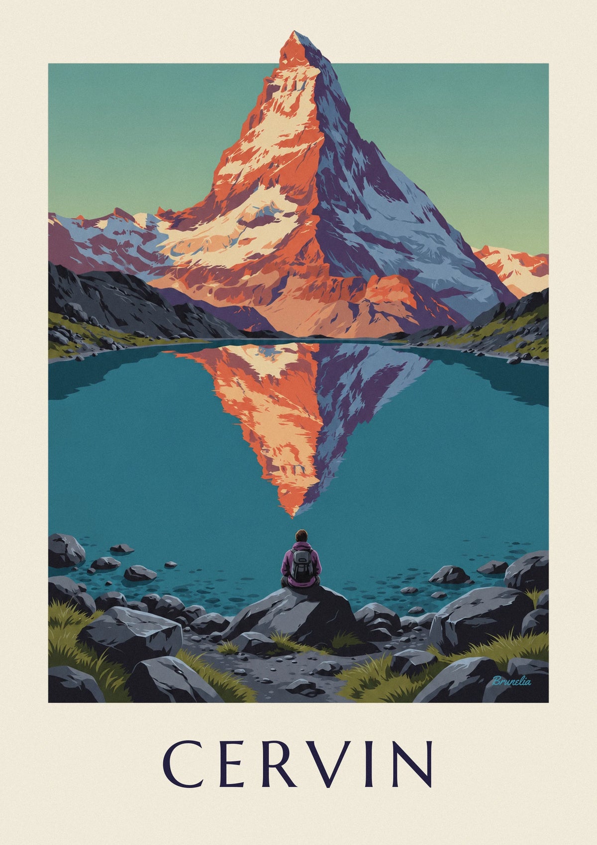 Affiche Cervin au coucher du soleil reflété dans un lac alpin