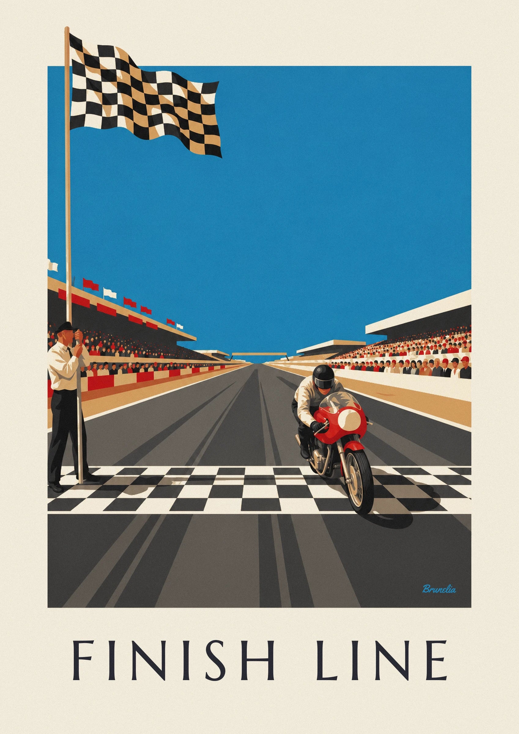 Affiche moto franchissant la ligne d’arrivée sous le drapeau à damier : détail en gros plan