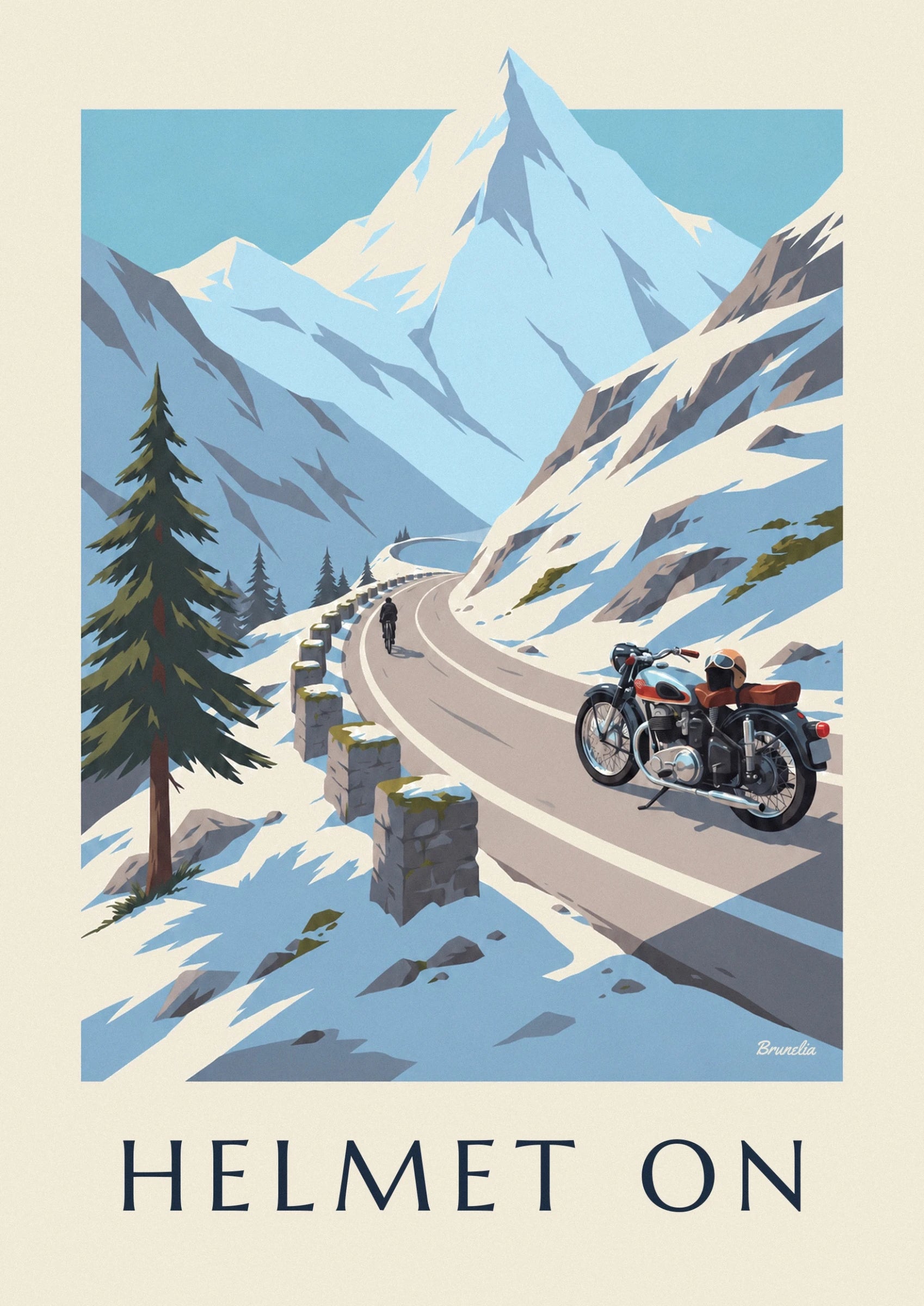 Das hellblaue Motorrad mit braunem Sattel und einem Helm, der neben dem Tank liegt