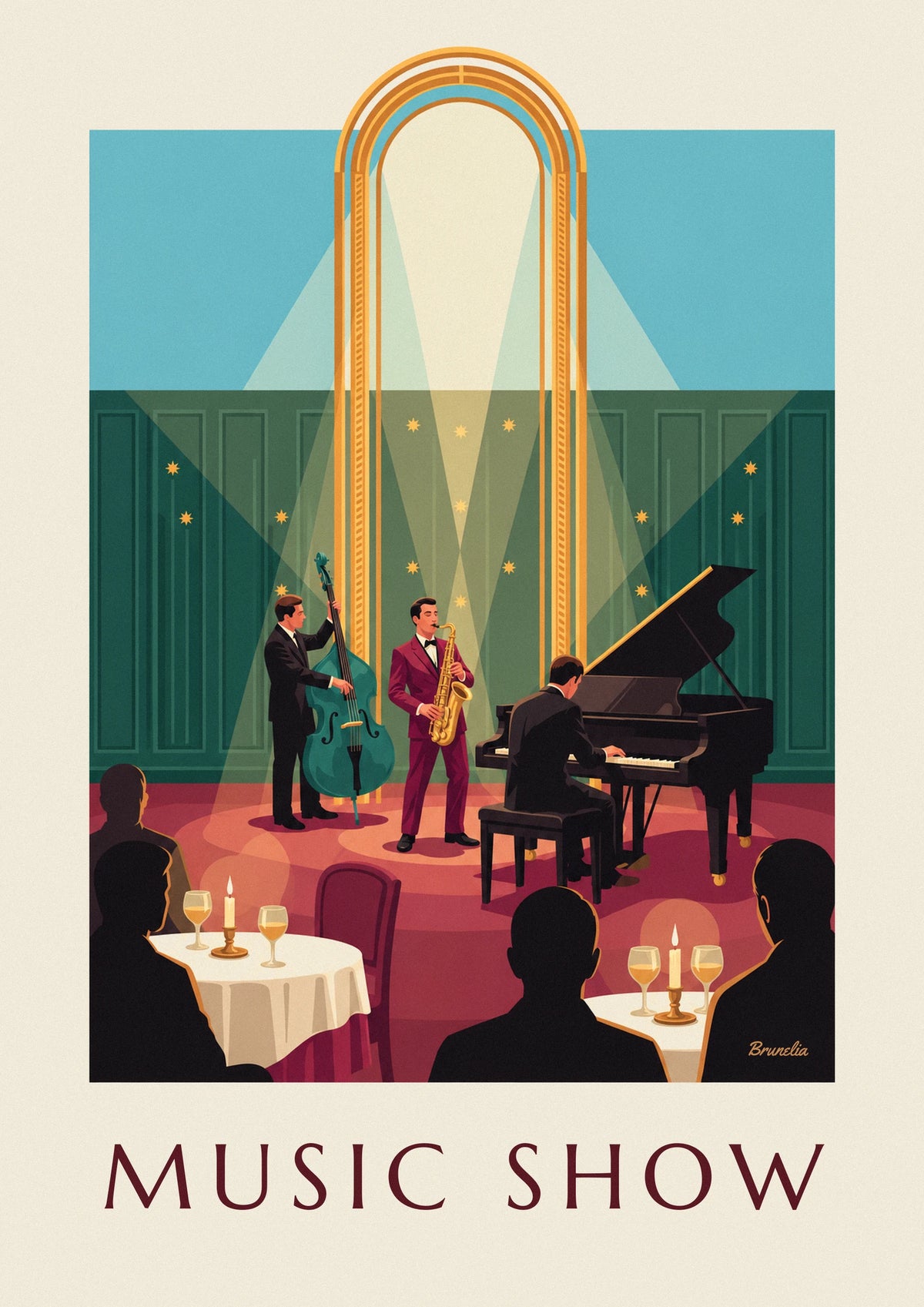 Poster Jazzclub, bordeauxrotes Saxophon und goldener Bogen