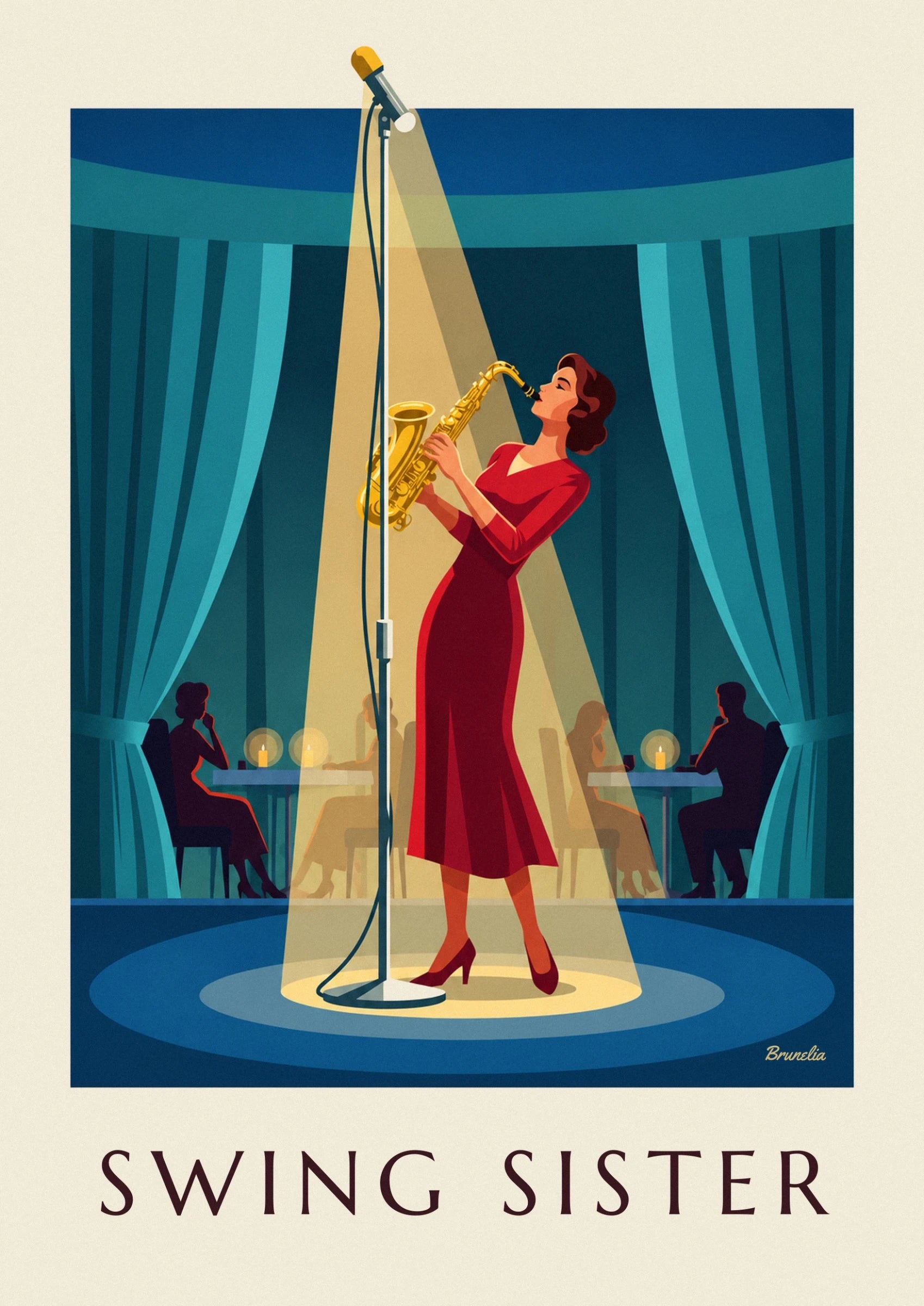 Die Saxophonistin im roten Kleid vor ihrem Mikrofon, im Scheinwerferlicht des Jazzclubs