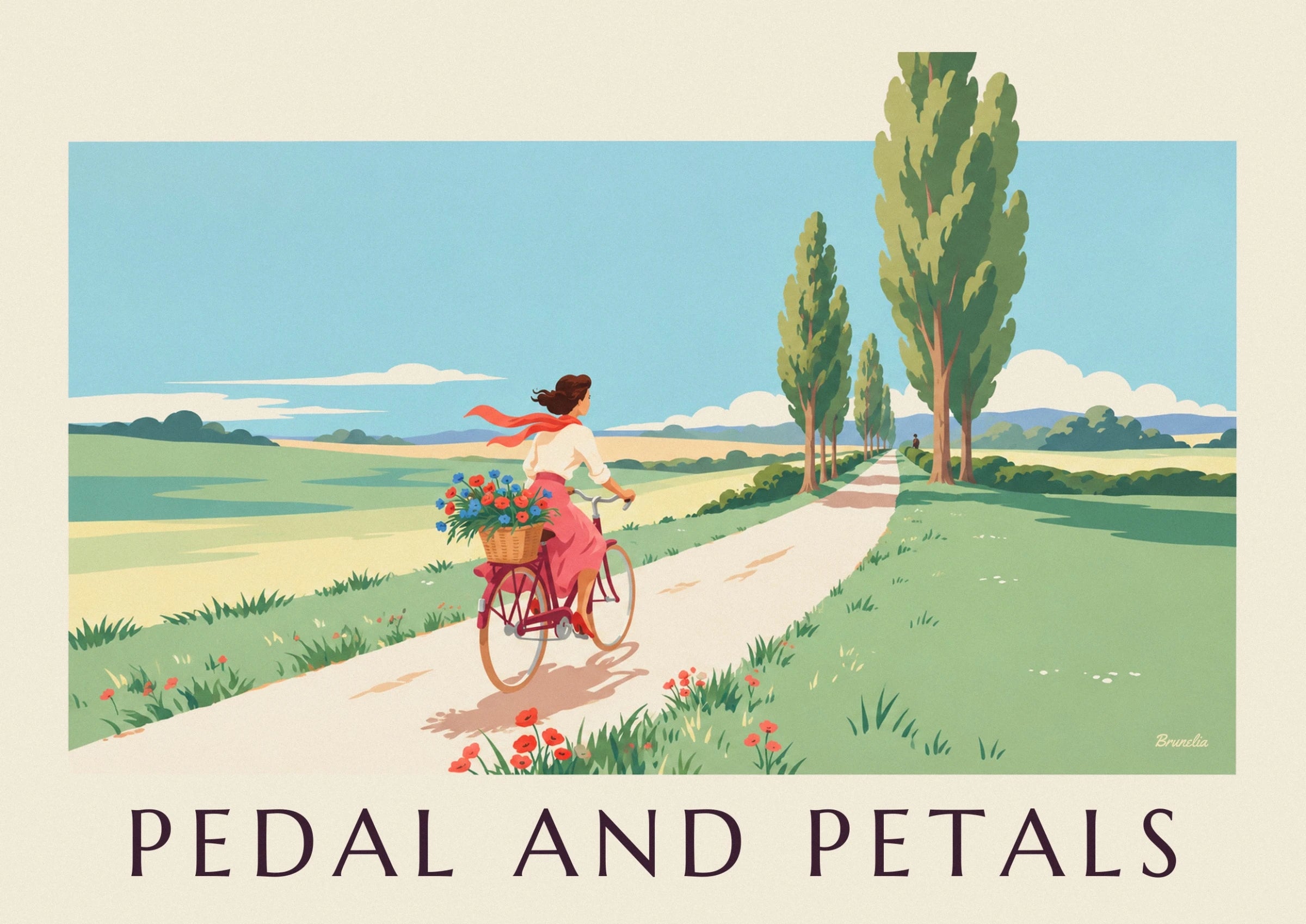 Die Radfahrerin in rosa Rock und rotem Schal mit einem Blumenkorb hinten am Fahrrad