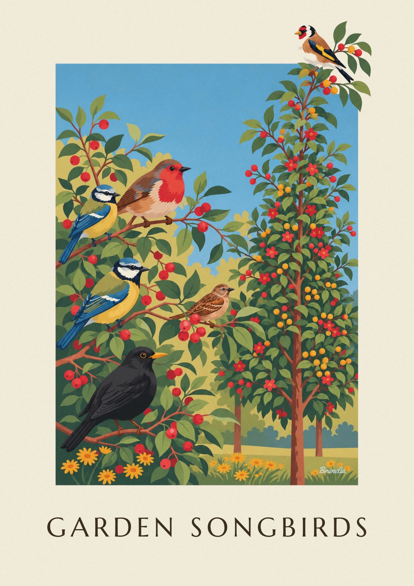 Ein Gewirr aus belaubten grünen Zweigen, übersät mit roten Blüten und gelben Beeren