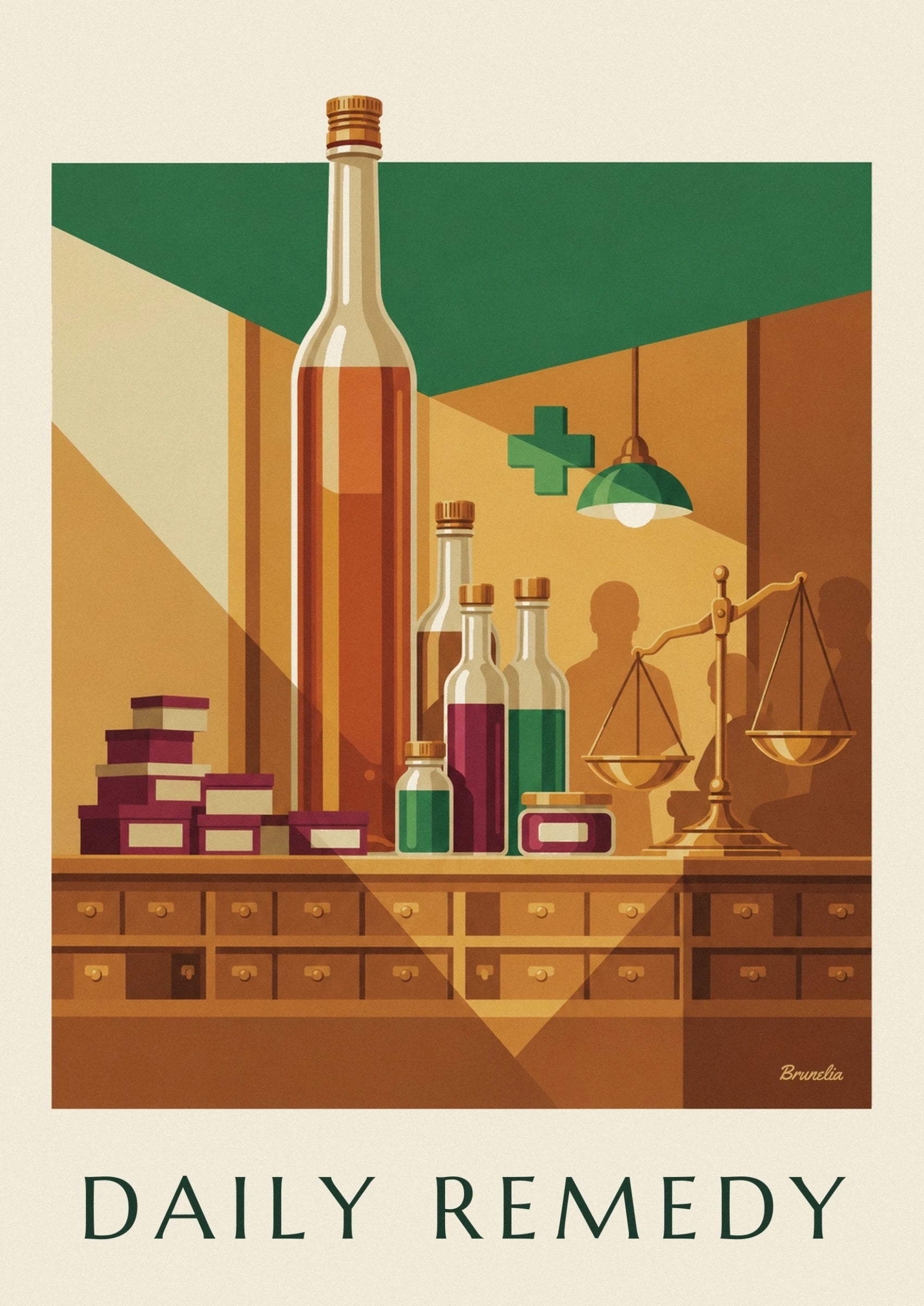 Eine große Bernsteinflasche mit cremefarbenen Lichtern, neben einer Flasche mit goldenem Stöpsel