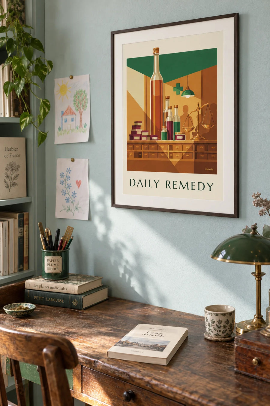 Poster Tresen einer alten Apotheke mit Sirups und Tabletten: gerahmt an der Wand