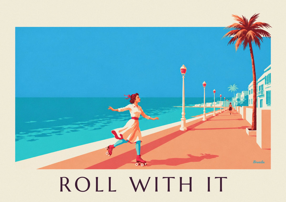 Affiche pin-up en patins à roulettes sur une promenade en bord de mer