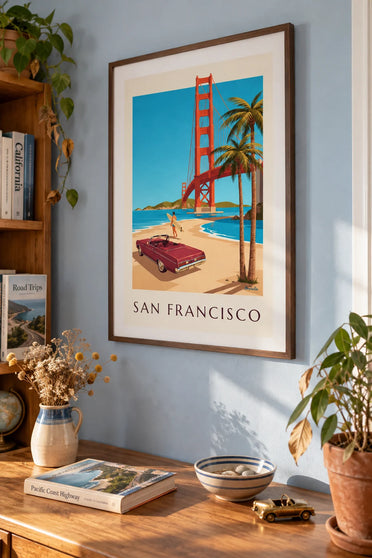 Affiche décapotable devant le Golden Gate à San Francisco : encadrée au mur