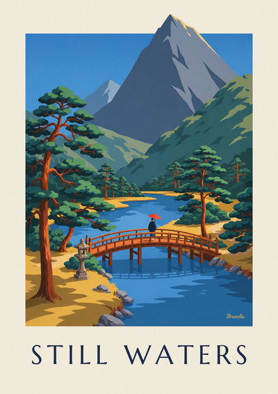 Poster rote japanische Brücke und Steinlaterne am Flussufer: das ganze Poster