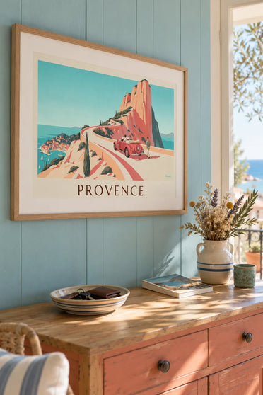 Poster of a convertible on the Route des Crêtes above Cassis: framed on the wall