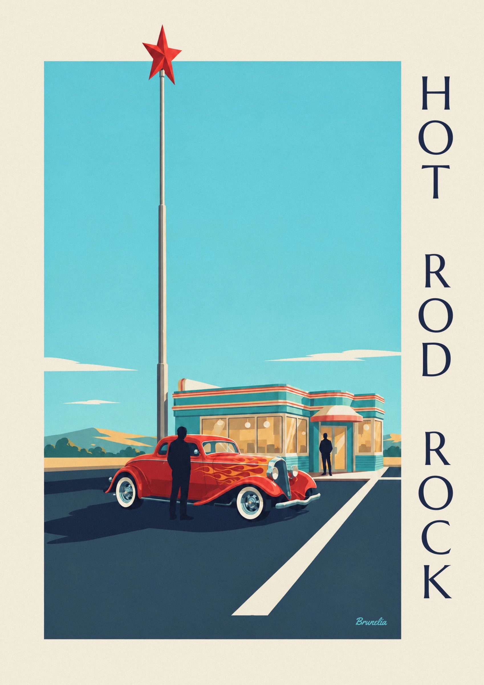 Poster Hot Rod vor einem Rock-'n'-Roll-Diner: Detail in Nahaufnahme