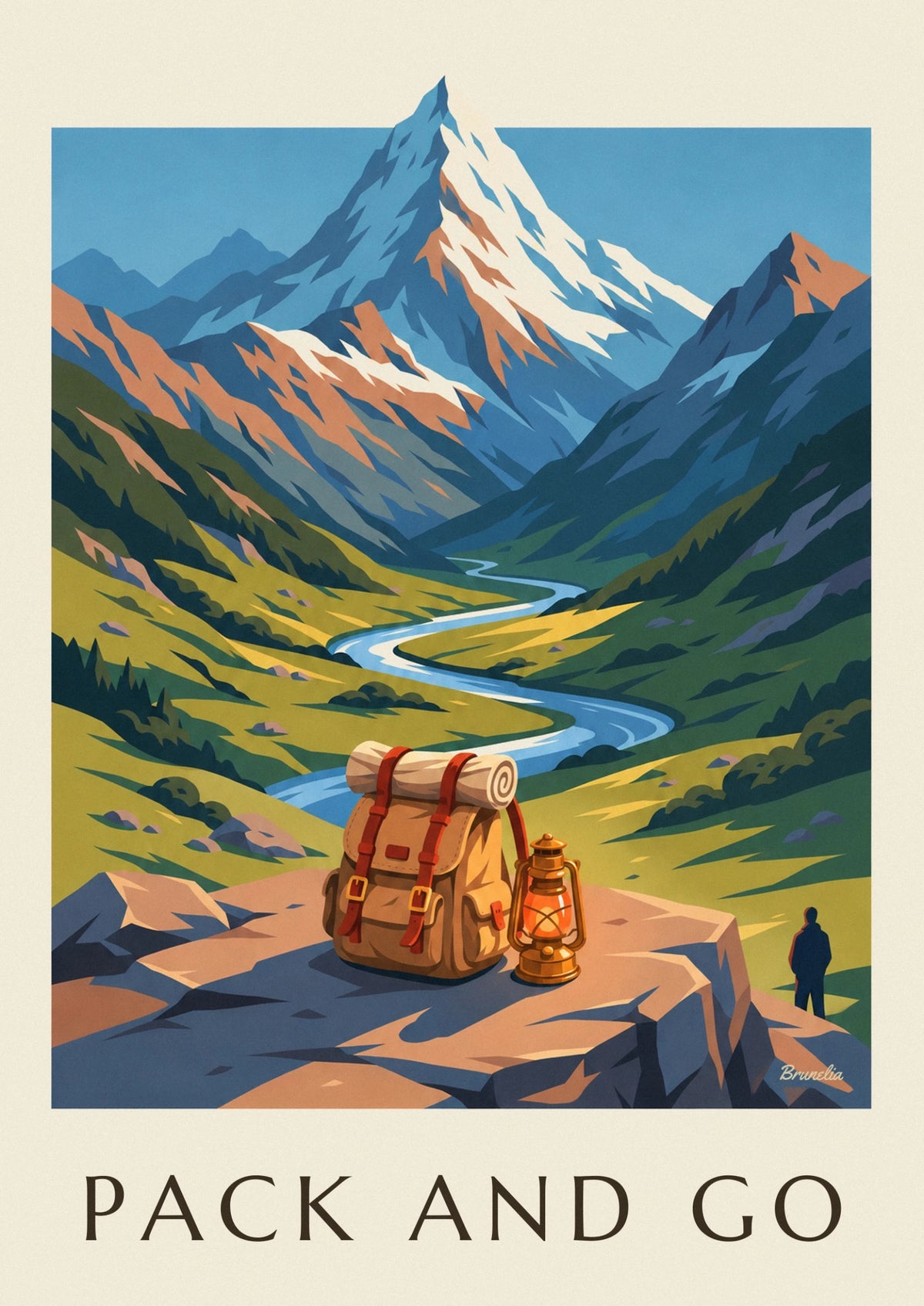 Affiche sac à dos d'explorateur au-dessus d'une vallée de montagne