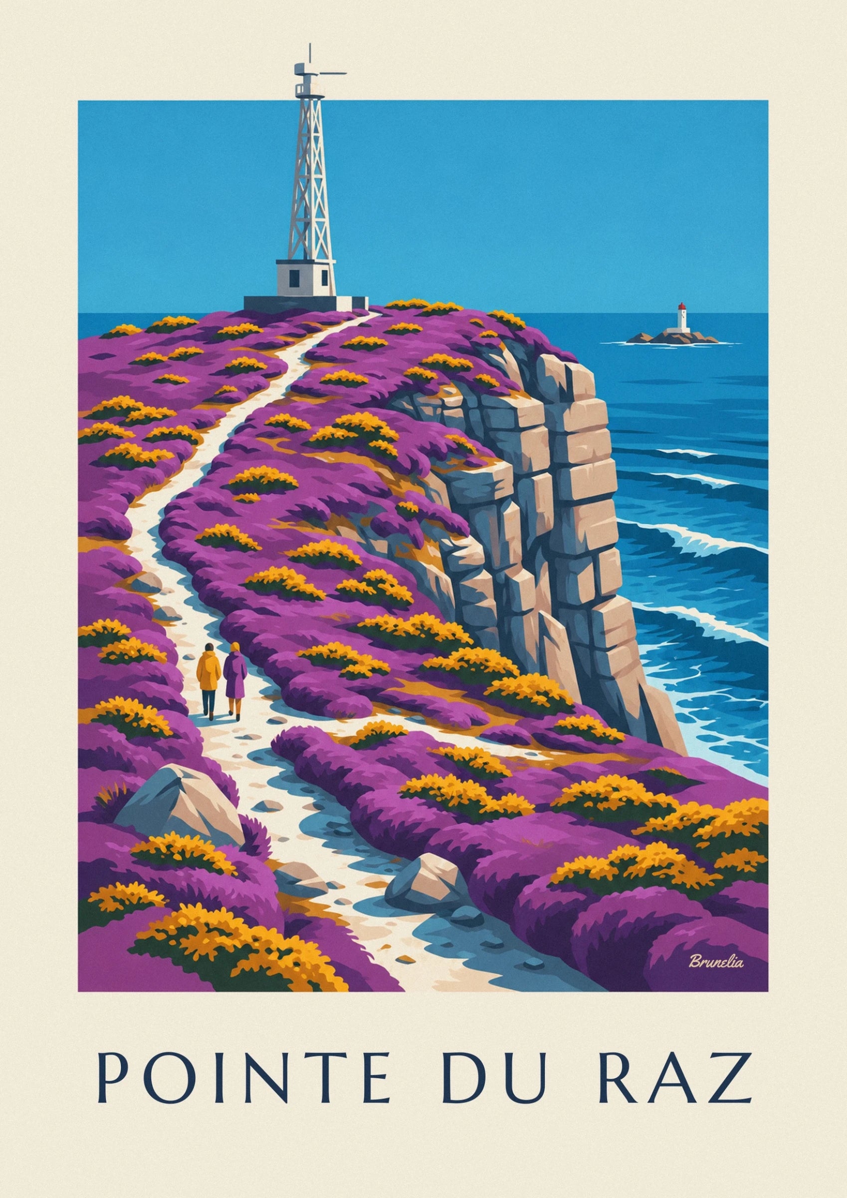 Der Metallturm mit Blick aufs blaue Meer über der violetten Heide