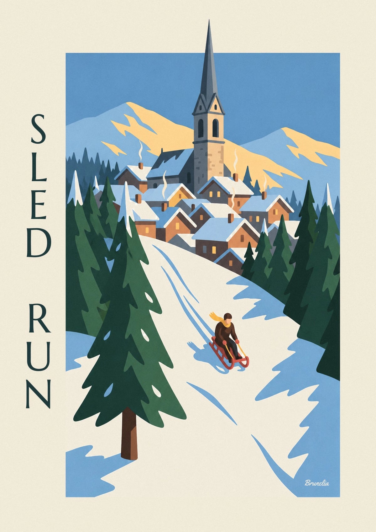 Affiche luge sur une piste enneigée entre les sapins
