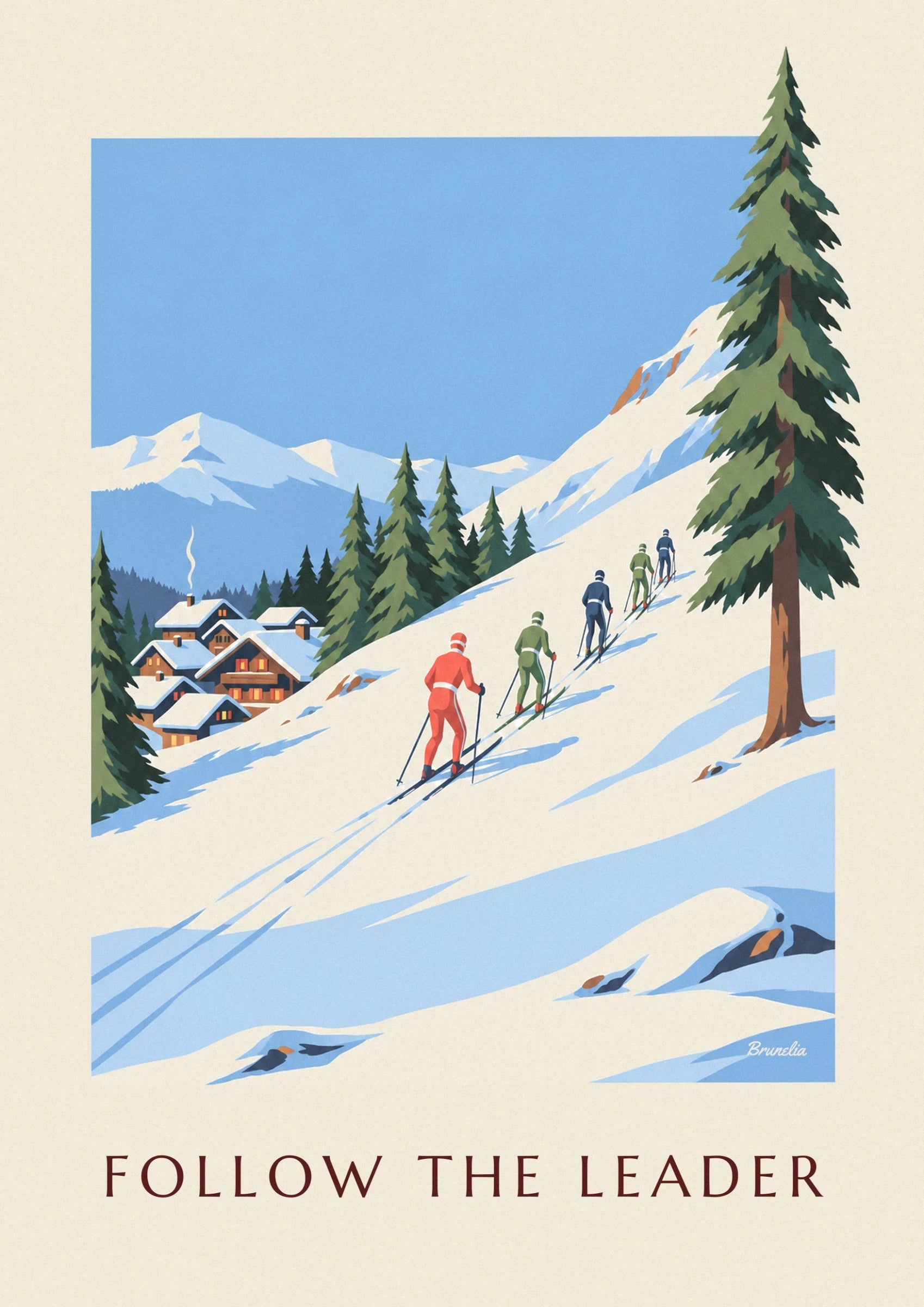 Der Skilehrer in Rot und ein Schüler in Grün, mit Skiern und Stöcken im Schnee