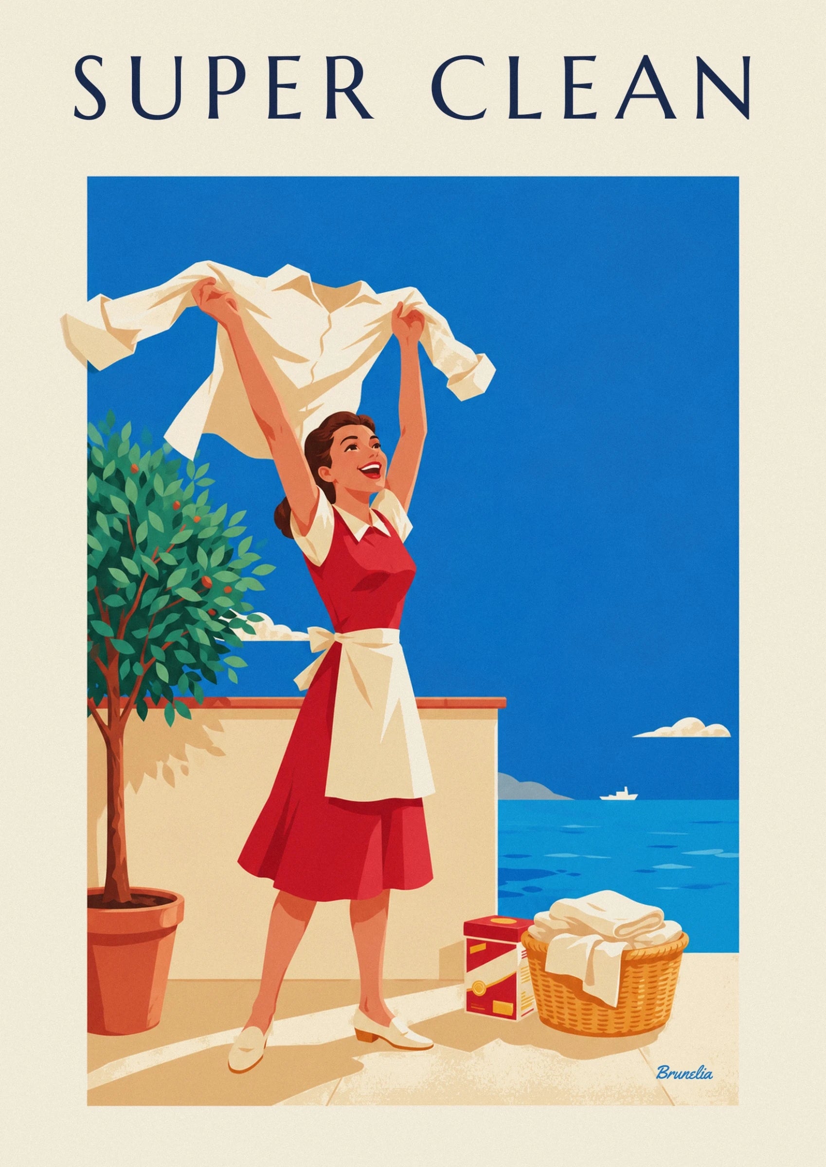 The woman in a red dress holding up her white shirt, smiling broadly against a blue background
